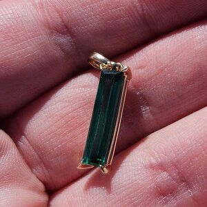 14K Yellow Gold Lab Created Emerald Bar Pendant Charm 18x4mm